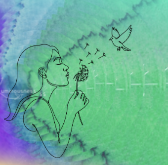 Woman with dandelion seeds and bird symbol representing remote support, connection, and healing from a distance