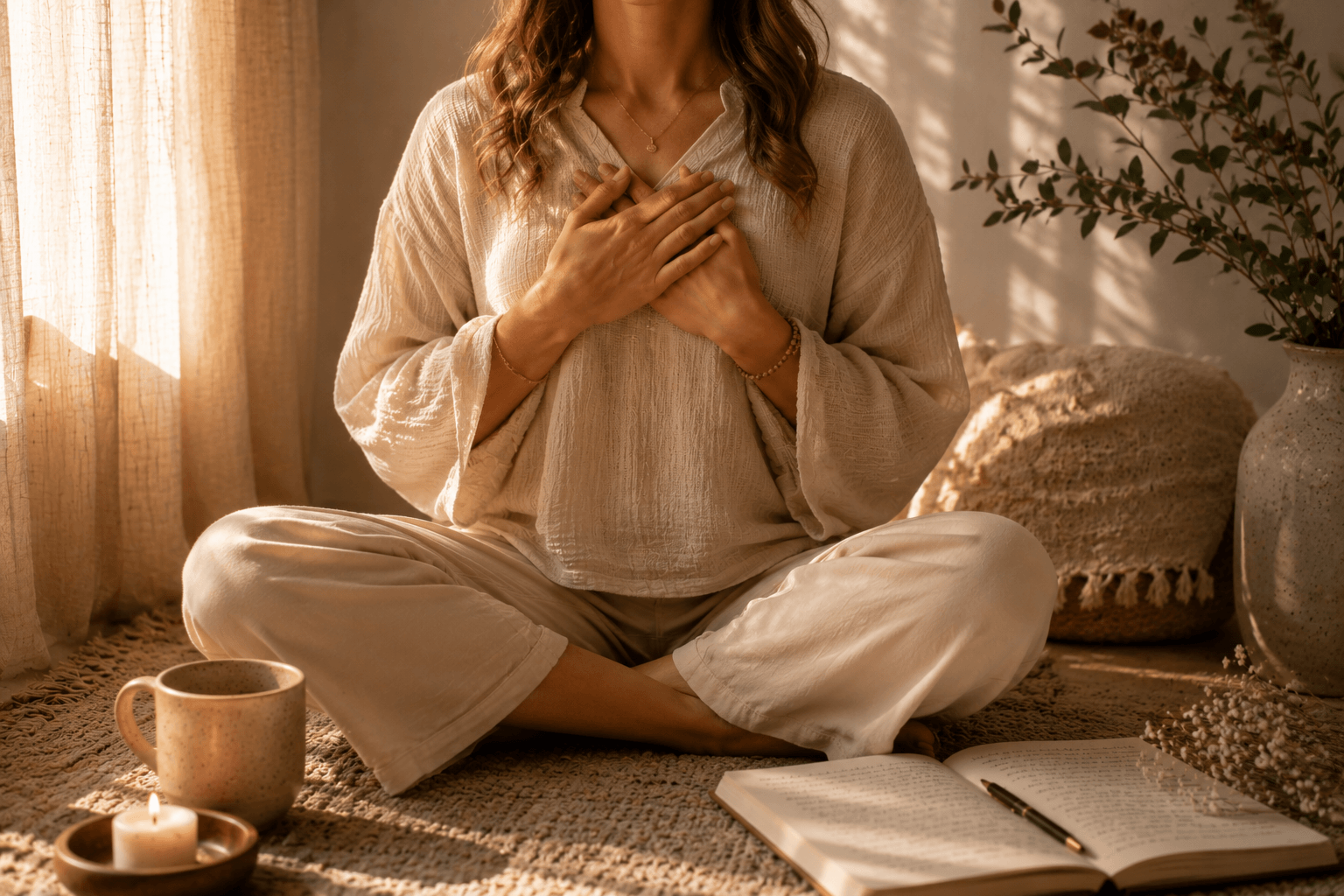 Woman seated cross-legged with hands resting over her heart in a calm reflective space, surrounded by soft natural light, journal, and grounding textures symbolising nervous system healing, self-awareness, and inner connection.
