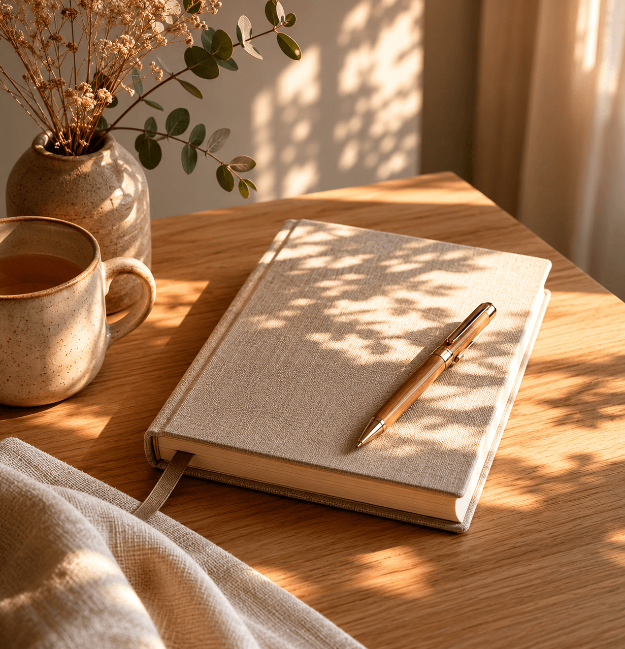 Closed linen journal with a pen resting on top on a warm wooden desk beside a ceramic mug and dried foliage in soft afternoon light, creating a calm reflective atmosphere.