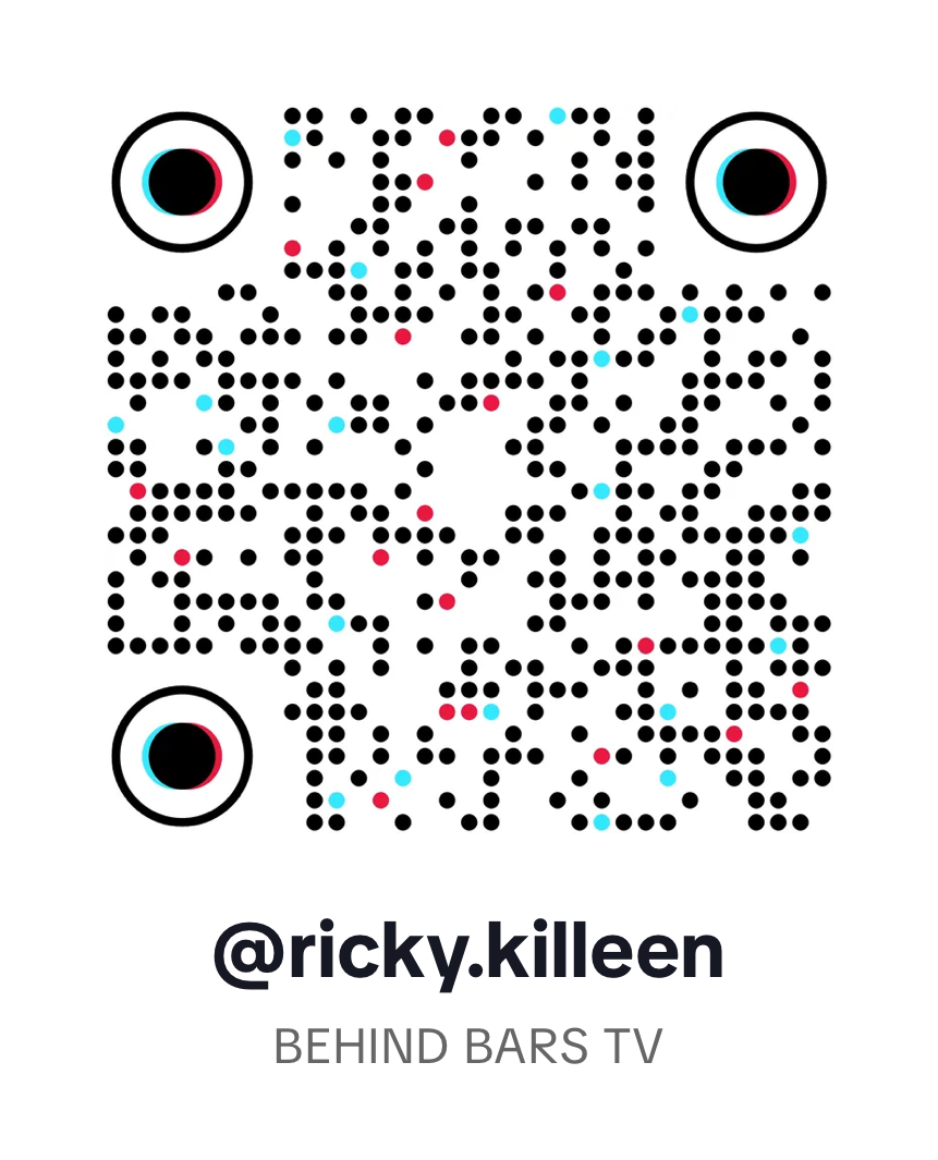 QR code with stylized eyes in the top left and right corners, text below reading '@ricky.killeen' and 'BEHIND BARS TV'.