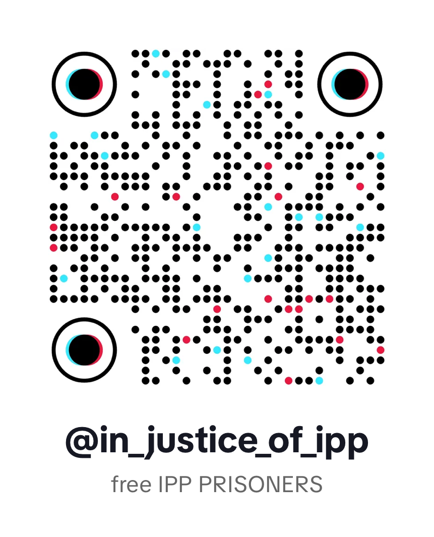 QR code with stylized eyes and social media handle @in_justice_of_ipp, promoting free IPP prisoners.