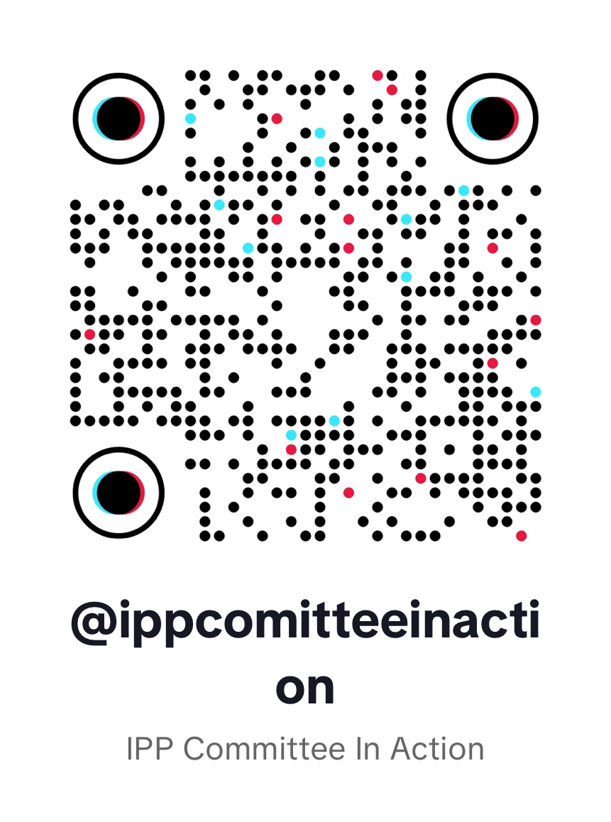 A QR code with colorful circles around the corners, a black and white pattern, and the text '@ippcommitteeinaction on IPP Committee In Action' beneath it.