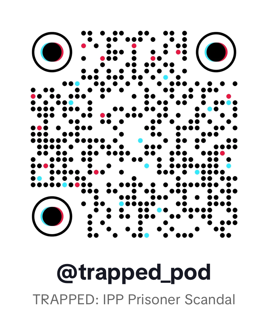 A Snapcode featuring eyes at the top corners and the Instagram handle '@trapped_pod' with the title 'TRAPPED: IPP Prisoner Scandal' at the bottom.