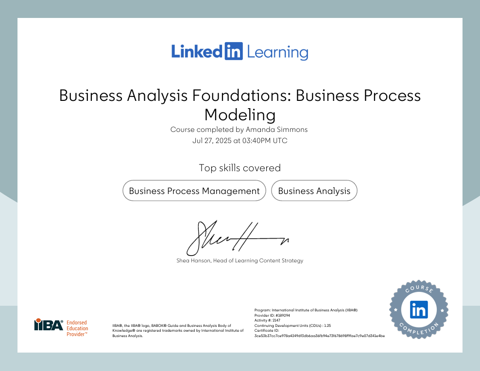 LinkedIn Learning : Business Analysis Foundations : Business Process Modeling