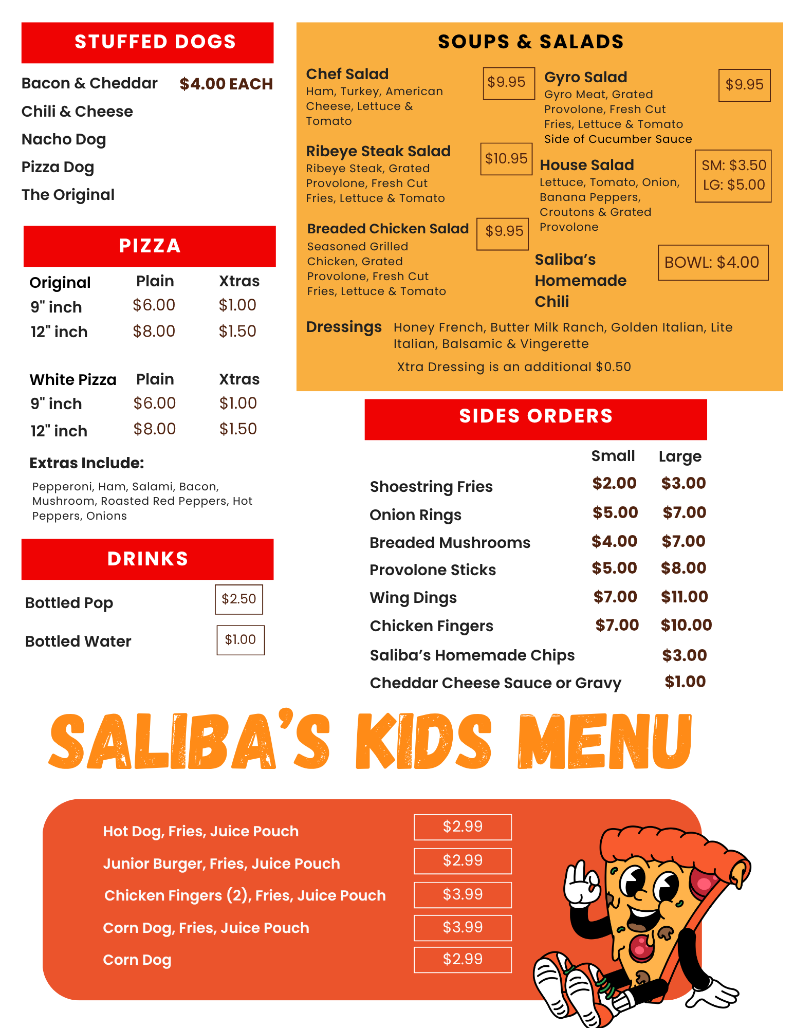 Saliba's Kids Menu featuring various fast food items with prices, including hot dogs, chicken fingers, corn dogs, fries, and juices, with a cartoon pizza character waving.