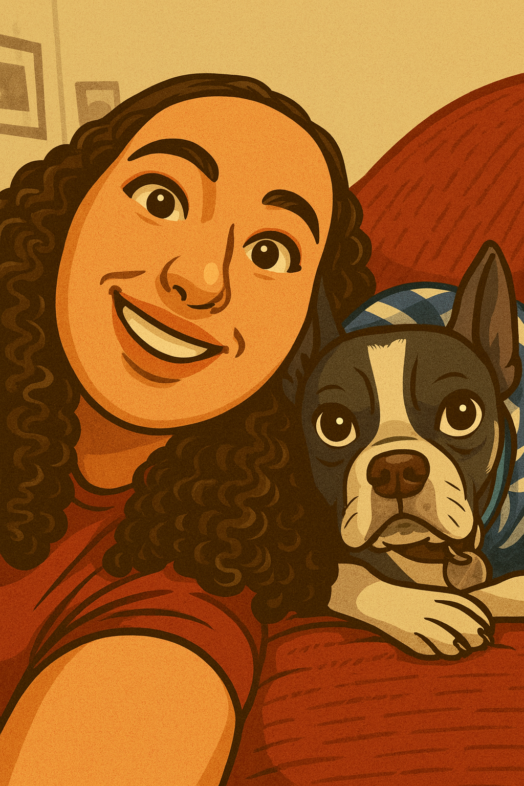 A woman with long curly hair taking a selfie with her dog on a red couch in a cozy living room