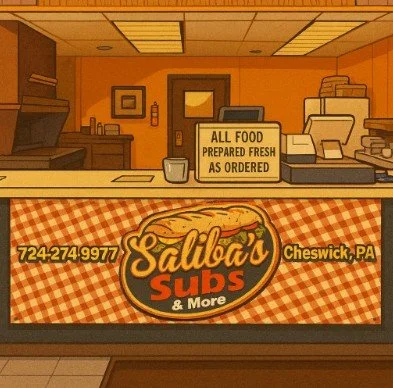 Counter with Salibara Subs sign and a food prep sign in the background, inside a restaurant or deli.