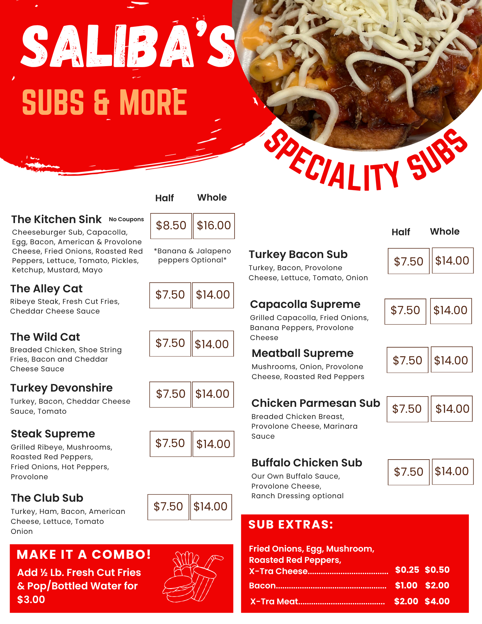 Menu of subs at Saliba's including options like The Kitchen Sink, The Alley Cat, The Wild Cat, Turkey Devonshire, Steak Supreme, The Club Sub, Turkey Bacon Sub, Capocolla Supreme, Meatball Supreme, Chicken Parmesan Sub, Buffalo Chicken Sub. Prices for half and whole sandwiches are listed.