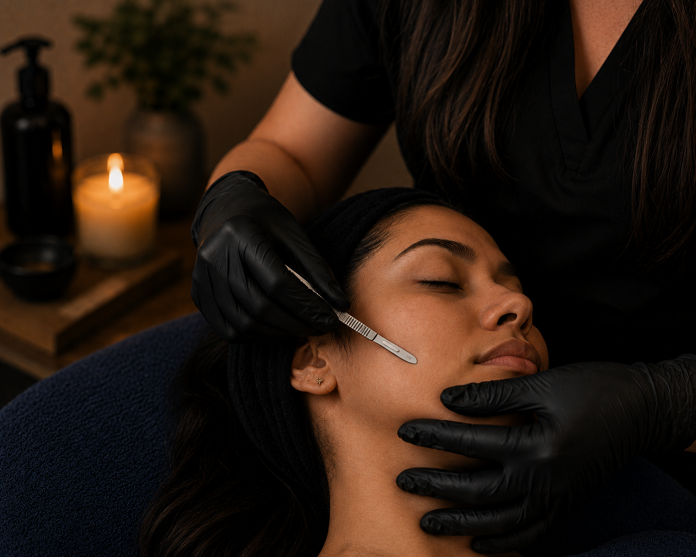 A woman receiving a facial treatment while lying down with her eyes closed, wrapped in a towel with a headband, as a skincare professional in gloves uses tools on her face. A lit candle is on the bedside table in a relaxation room with a moon and stars decoration.
