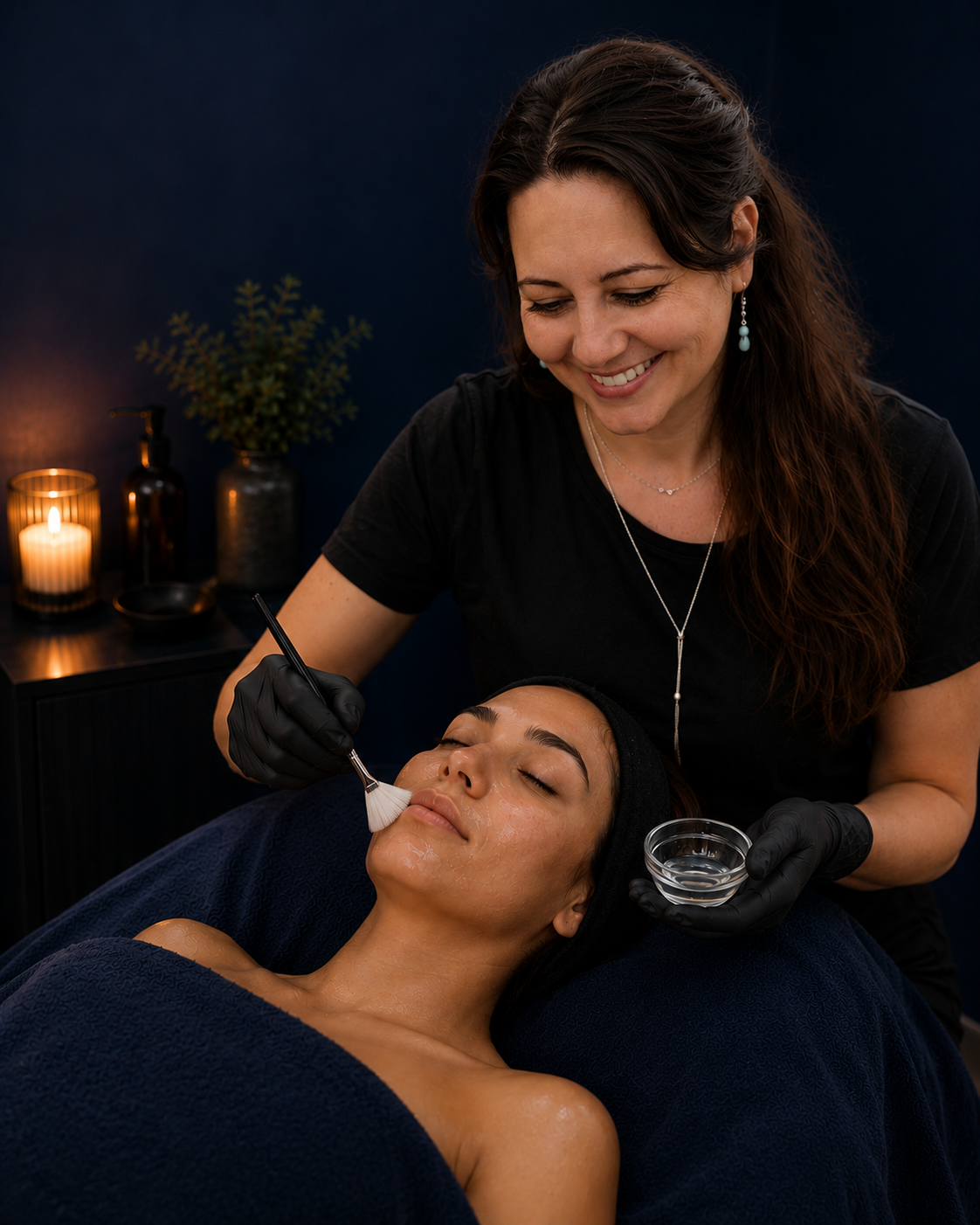 Woman receiving a facial treatment in a spa, with a skincare specialist applying a mask or skincare product on her forehead. Candle in the background