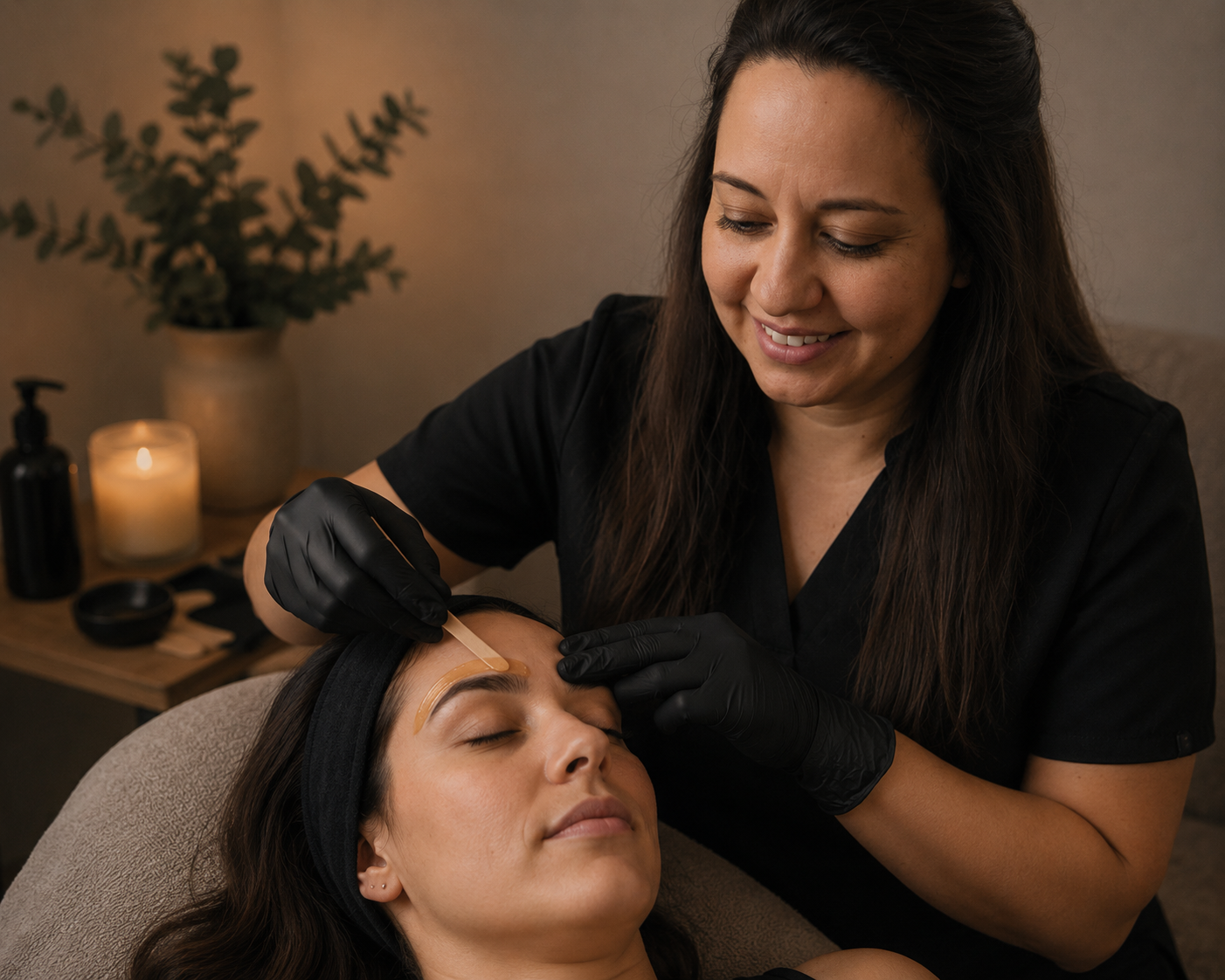 A woman receiving a facial treatment while lying down, with a technician applying skincare around her closed eyes using a wooden spatula.