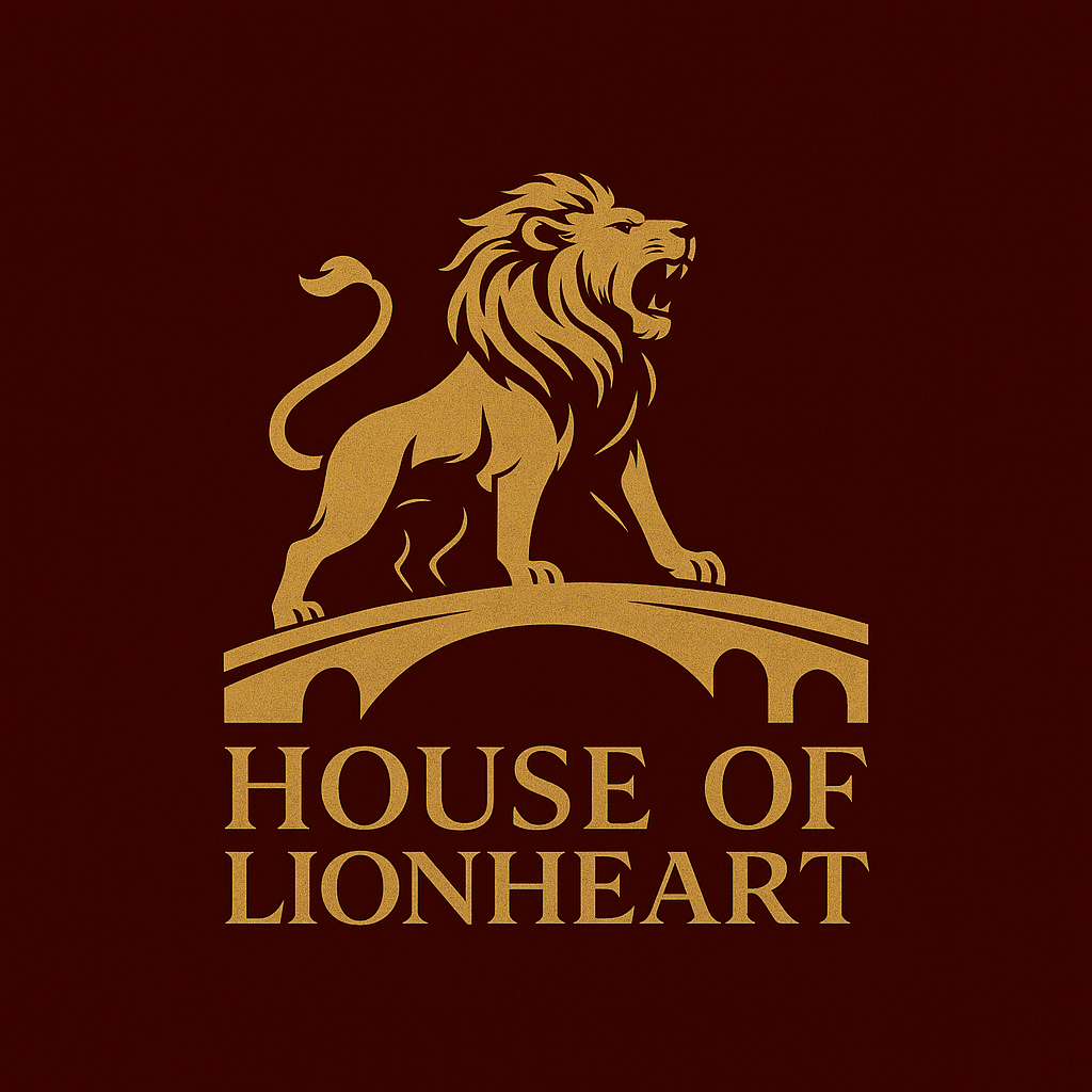 A golden lion standing on a bridge with the text "House of Lionheart" underneath, set against a dark red background.
