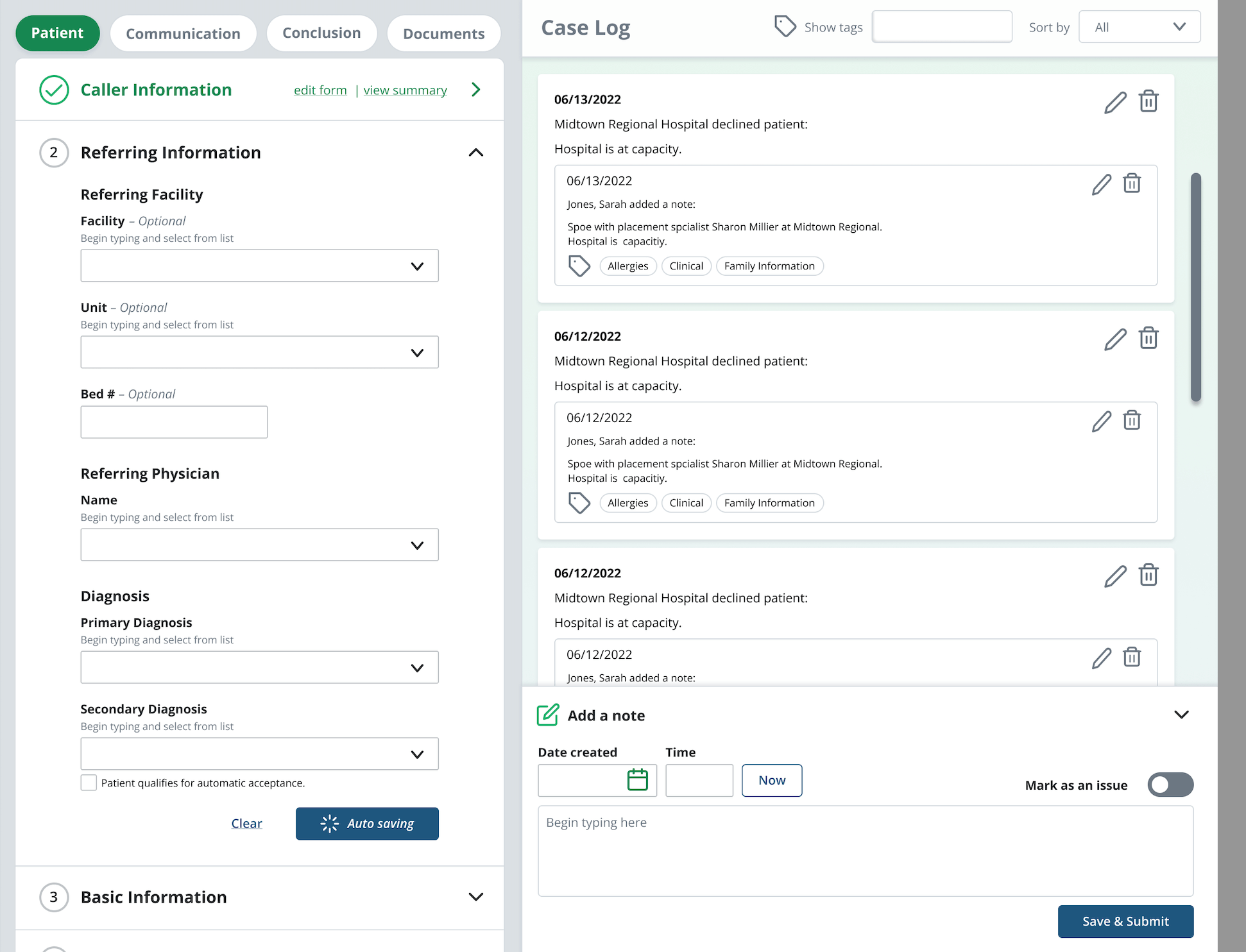 patient log interface