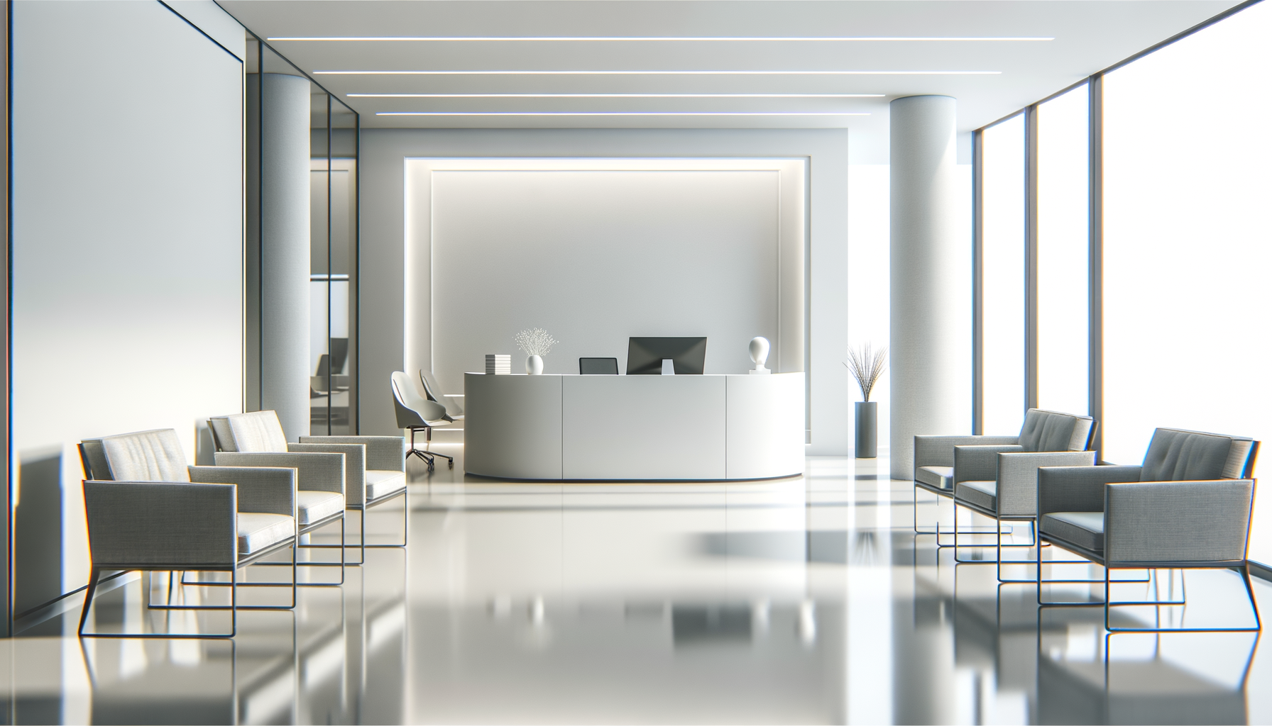 Modern office reception area with chairs along the window, a curved reception desk with a computer and decorative items, and large windows letting in natural light.