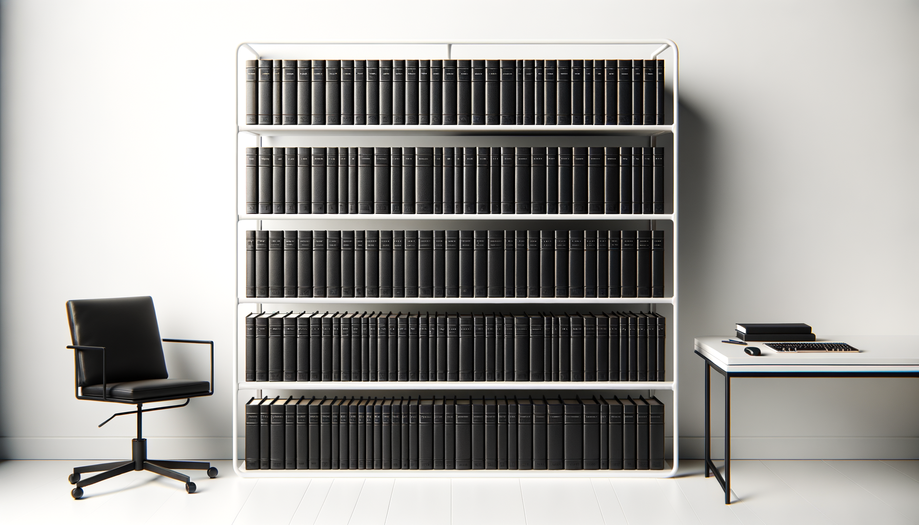 Black books with gold accents on white shelves in an office setting with a black chair and a white desk with black trim.