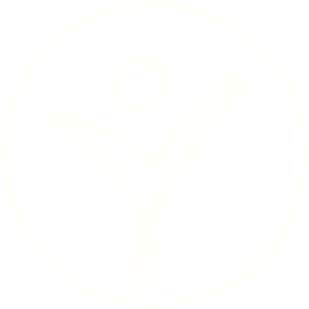 A black and white icon of a person with arms raised and a checkmark, representing health or wellness.