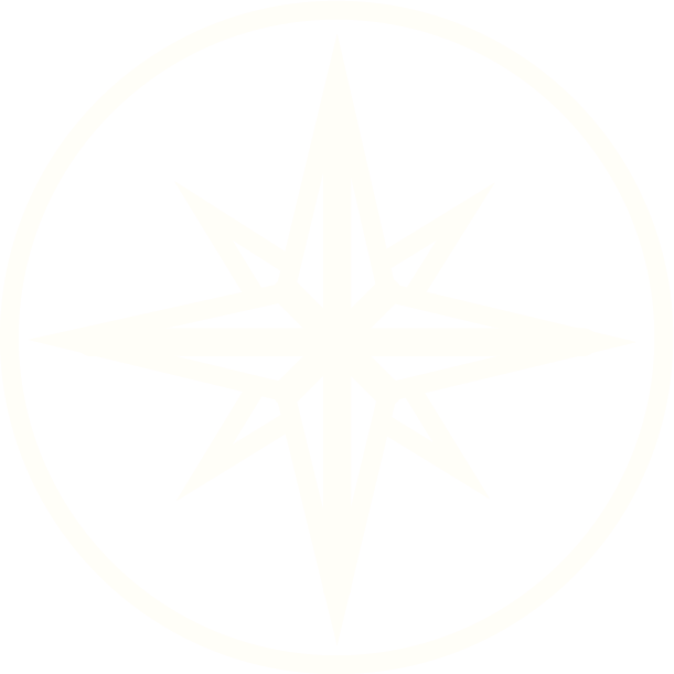 A black and white compass rose design inside a circle.