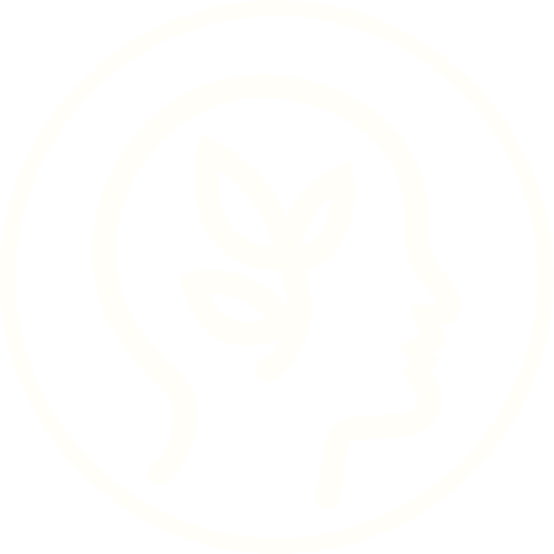 Outline of a human head in profile with a leaf inside, enclosed in a circle.