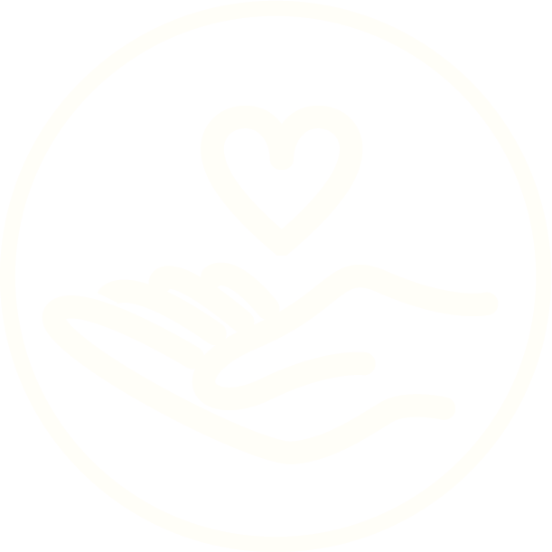 Outline of a hand with a heart above it inside a circular border.