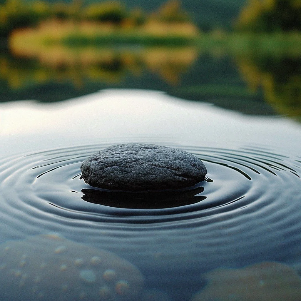 A black stone floating on calm water with gentle ripples, reflecting a green and yellow landscape in the background.