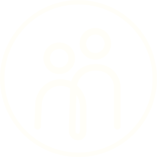 Icon of two people, one taller than the other, inside a circle, representing social distancing or social interaction.