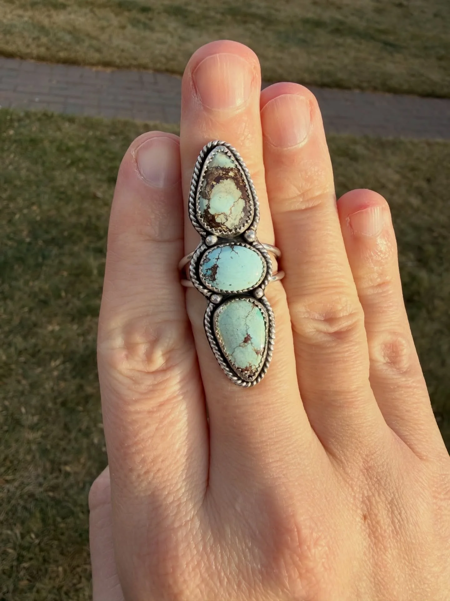 Golden Hill Turquoise Ring - Size 8.25 
This is the little sister to the Sierra Bella ring from yesterday. Lighter icy-blue with golden-brown webbing, same elongated rope trio design, just a tad smaller. DM if you&rsquo;d like it before it goes up on