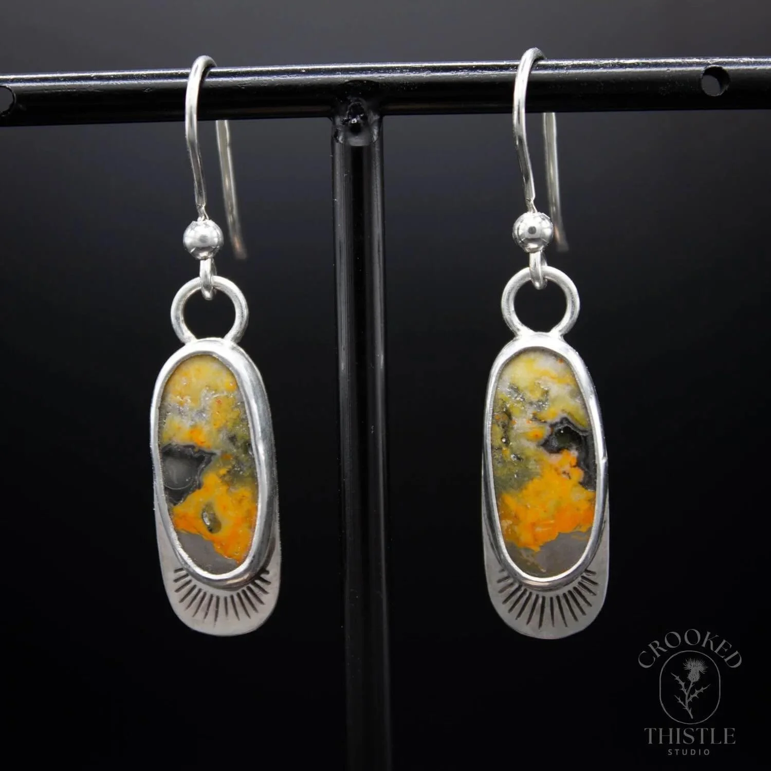 Bumblebee Jasper Earrings 
Beautiful yellows, blacks, and grays set in sterling silver with a fun stamp detail. Shop the link in my bio or message me to purchase. #bumblebeejasper #sterlingsilver #handmadejewelry #uniquegifts #crookedthistlestudio