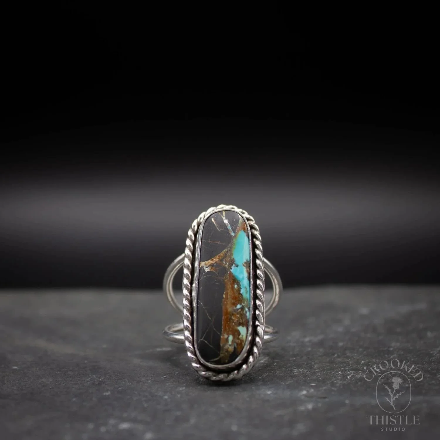 Black Jack Turquoise Ring 
A beautiful Black Jack turquoise stone set in sterling silver with a rope border. Available now at the link in my bio. 
#sterlingsilverring #handmadejewelry #madeinmontana #ringsofinstagram #crookedthistlestudio