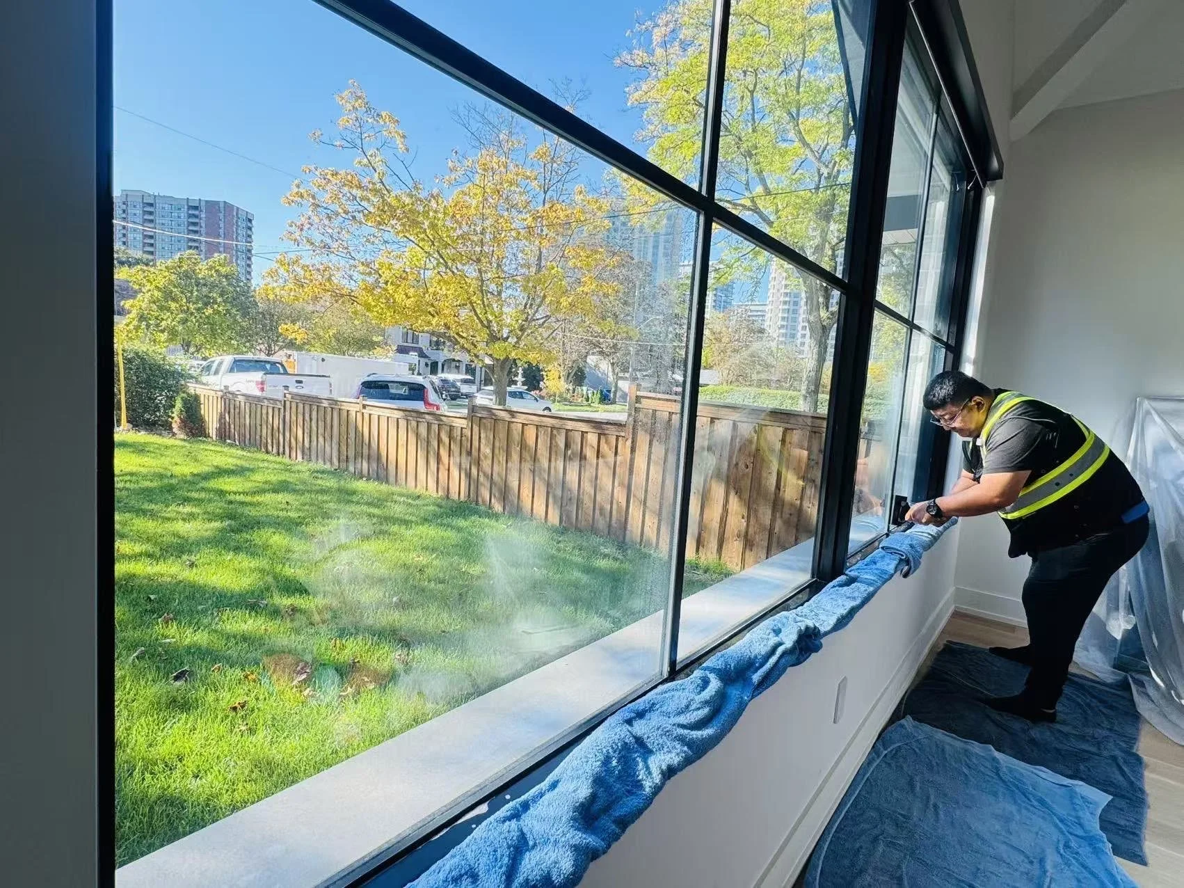 A worker in a black shirt and safety vest is cleaning the large window of a room with a cloth, using a squeegee during daylight hours. Outside, there are trees, a wooden fence, parked cars, and a cityscape with tall buildings.