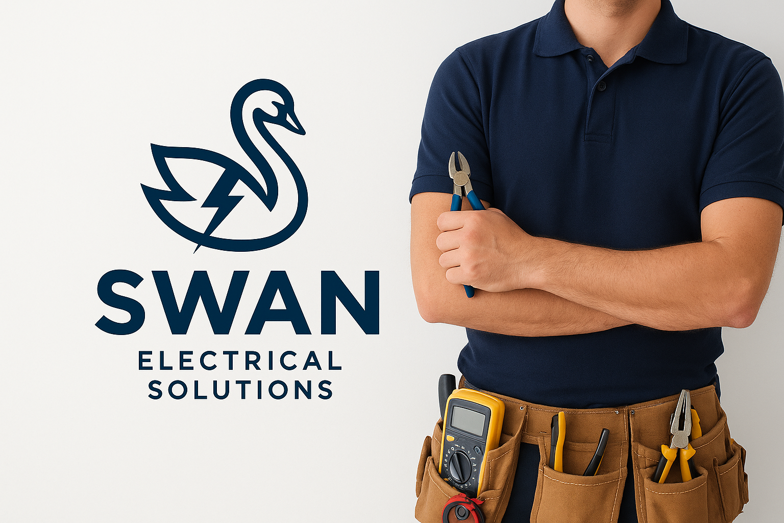 Man wearing a blue polo shirt and a tool belt with electrical tools, holding pliers, standing next to a sign that reads 'SWAN Electrical Solutions' with a swan logo.