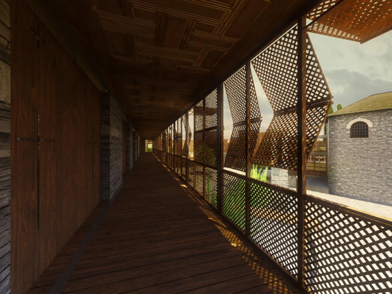 A long wooden corridor with lattice side panels allowing sunlight to cast shadows