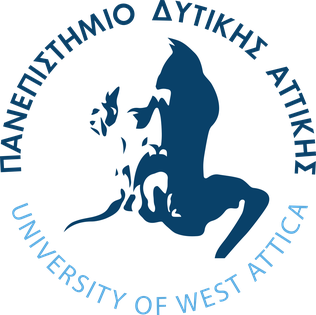 Logo of the University of West Attica featuring a stylized figure of a horse and a face within a circular emblem, with Greek text and English text around the circle.
