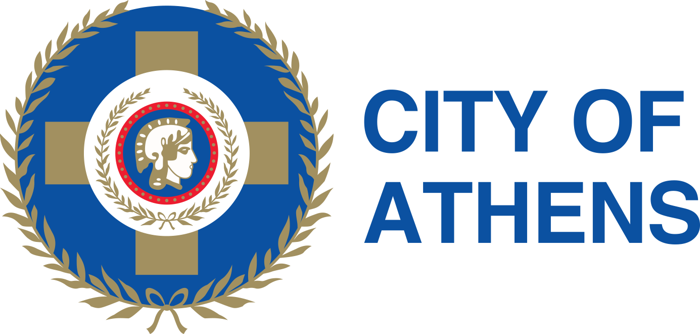 City of Athens emblem featuring a blue cross with gold laurel wreath, Greek helmeted figure in the center, and the words "CITY OF ATHENS" beside it.