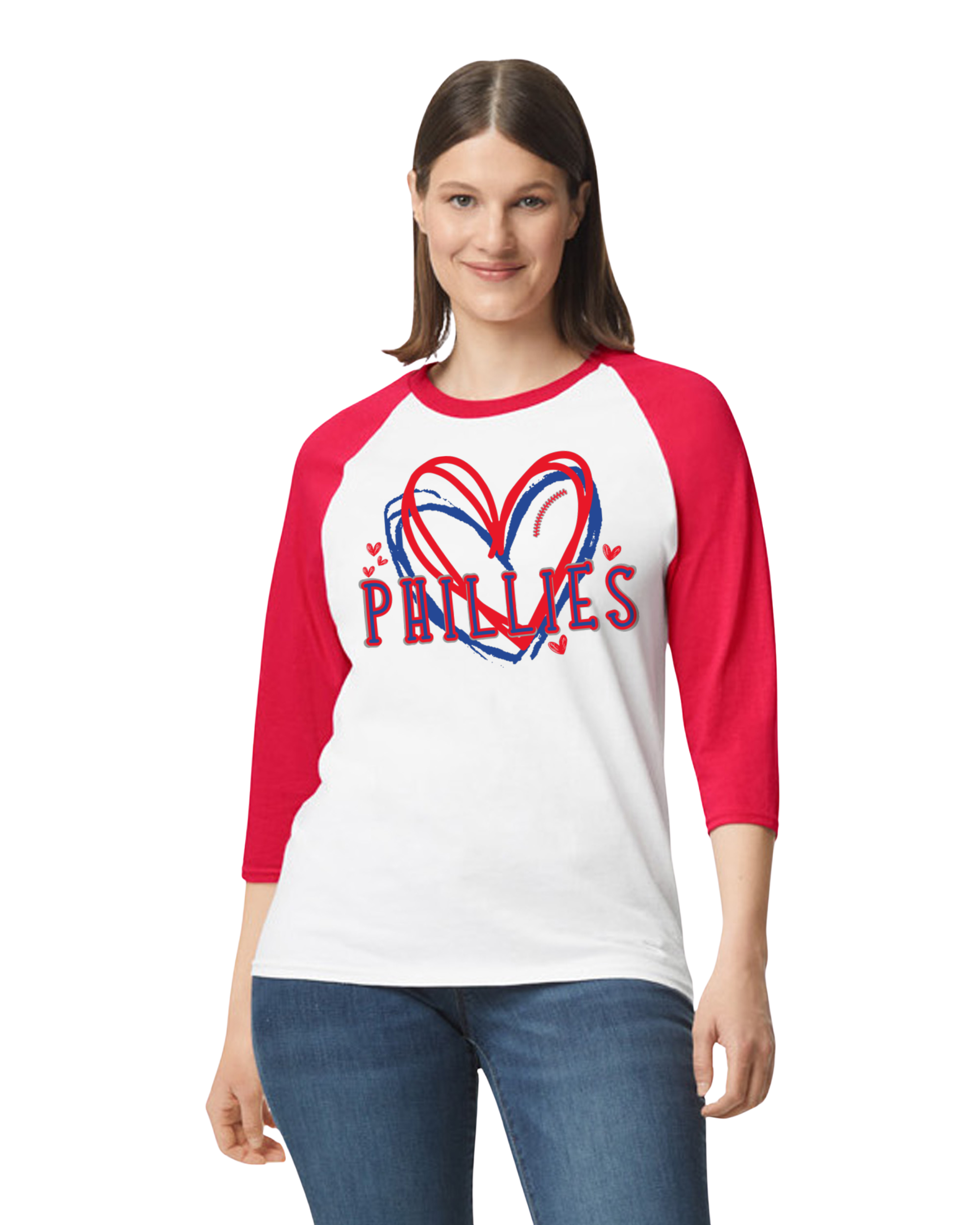3/4 Sleeve Raglan Phillies Red, White, and Blue T-Shirt