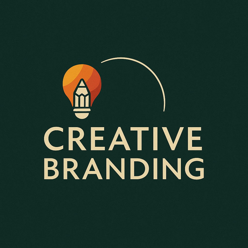 Logo with a lightbulb and pencil icon above the text "Creative Branding" on a dark green background.