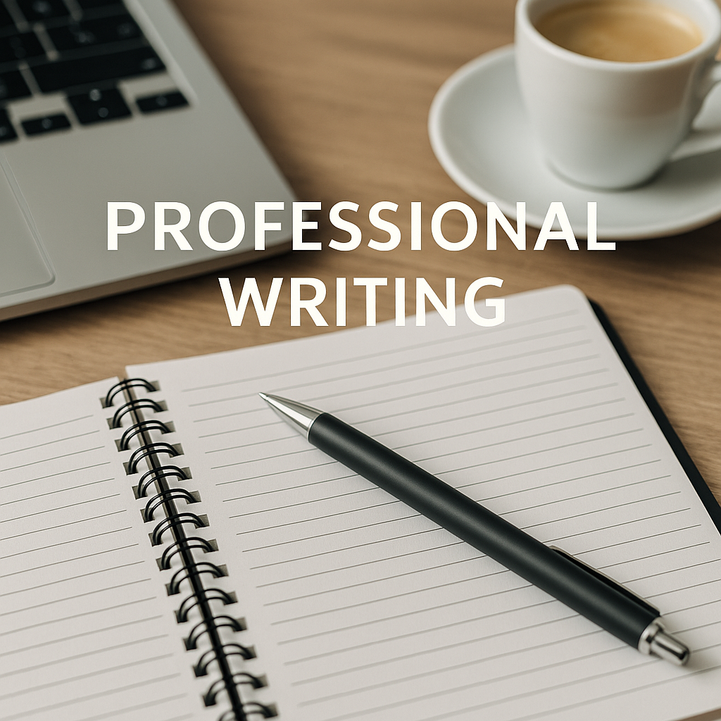 Open lined notebook with a black pen on a wooden desk, a laptop, and a cup of coffee.