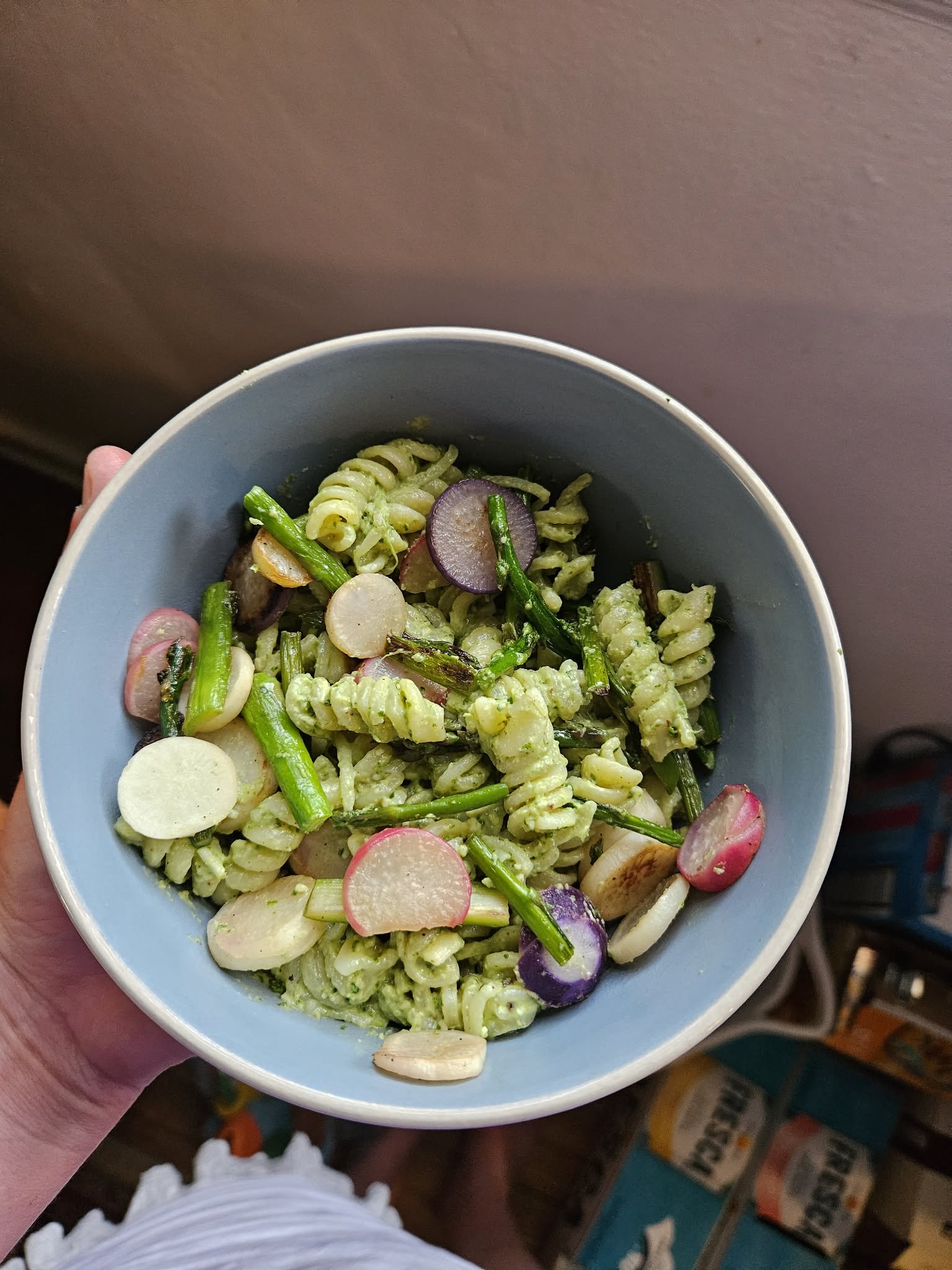 Arugula Pesto Pasta with Sautéed Spring Veggies