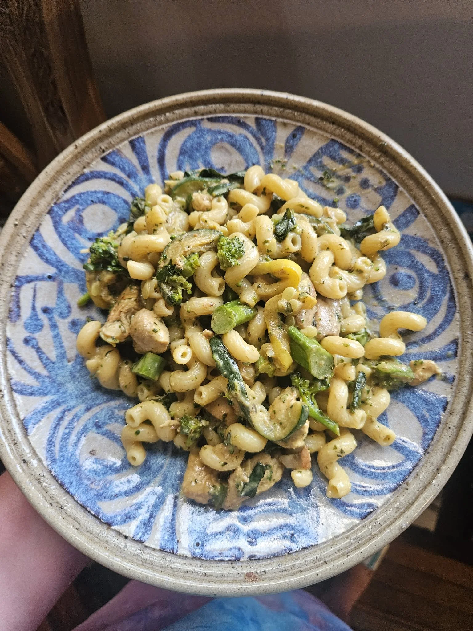 Garlic Scape Pesto &amp; Mascarpone Pasta with Sautéed Summer Squash, Broccolini and Chard