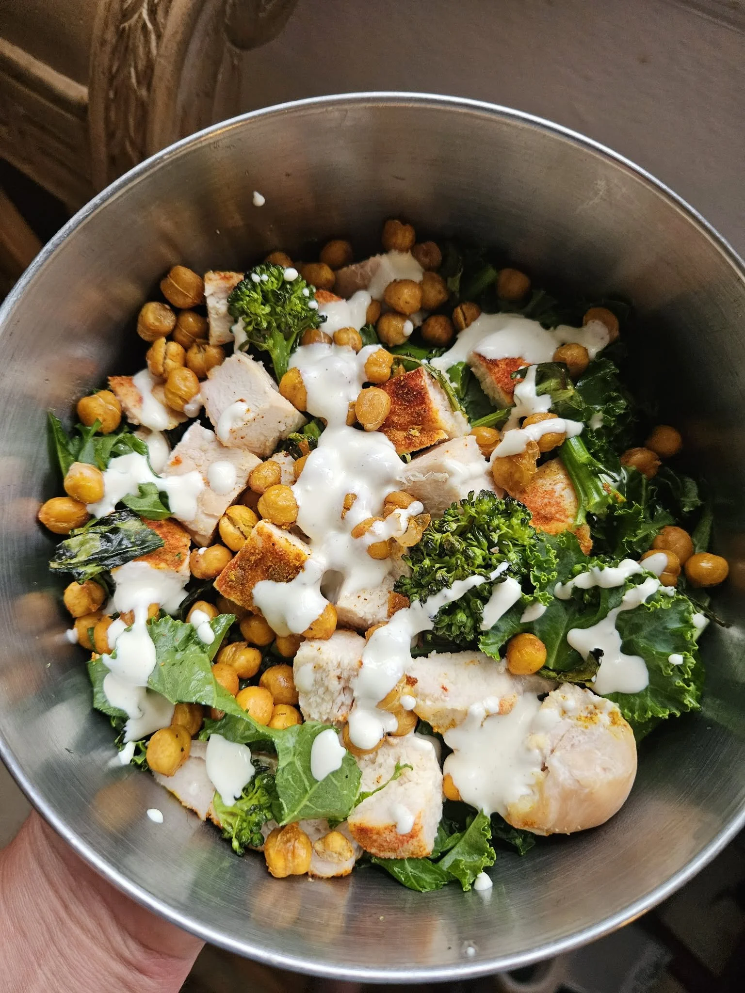 Kale Chicken Caesar Salad with Roasted Broccolini &amp; Crispy Chickpeas