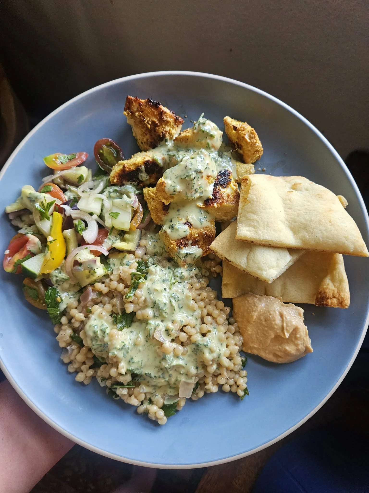 Mediterranean Chicken with Marinated Tomato &amp; Cucumber Salad, Lemon Parsley Couscous and Tahini Sauce