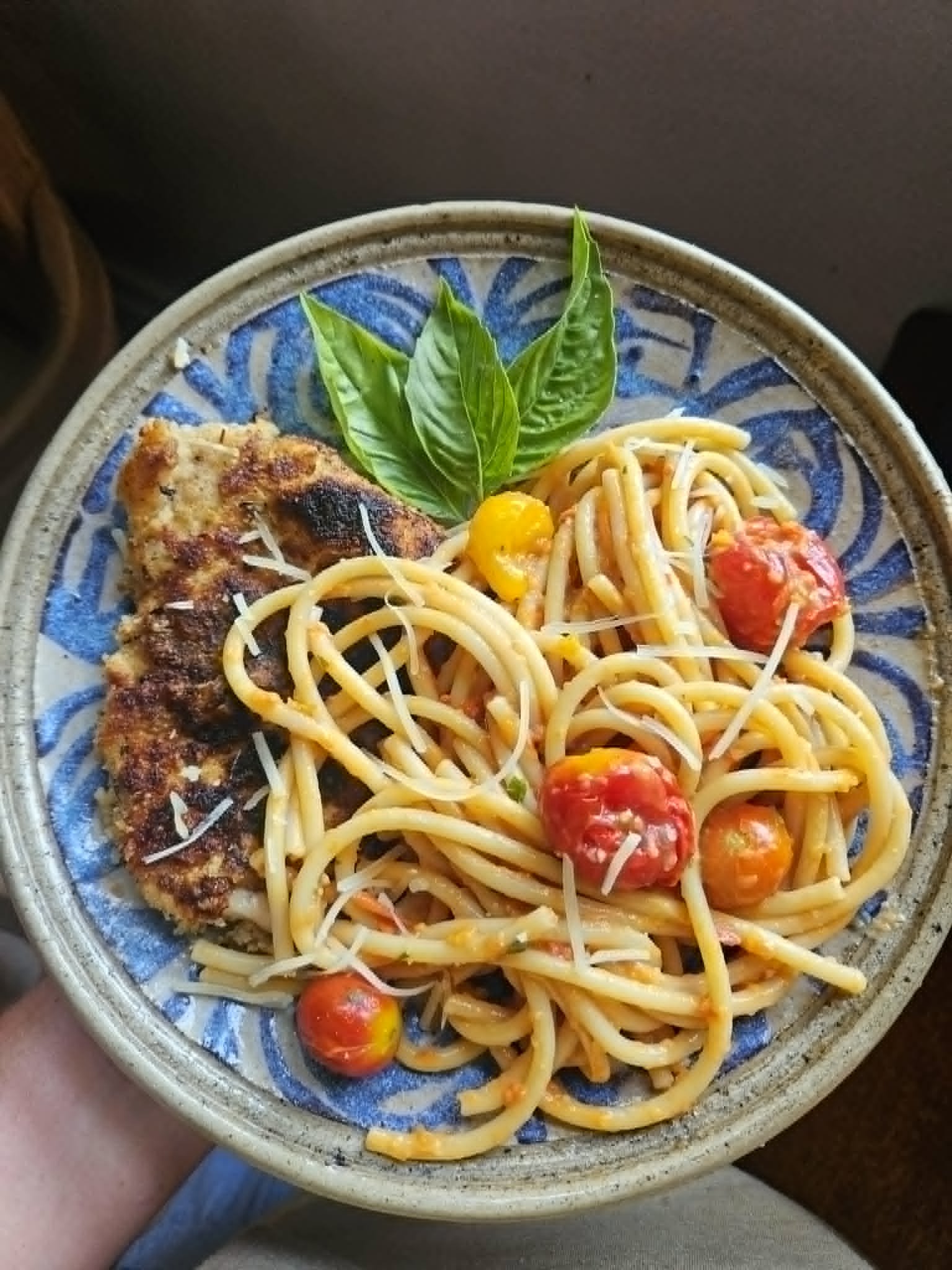 Blistered Cherry Tomato &amp; Sweet Pepper Pasta with a Chicken Cutlet