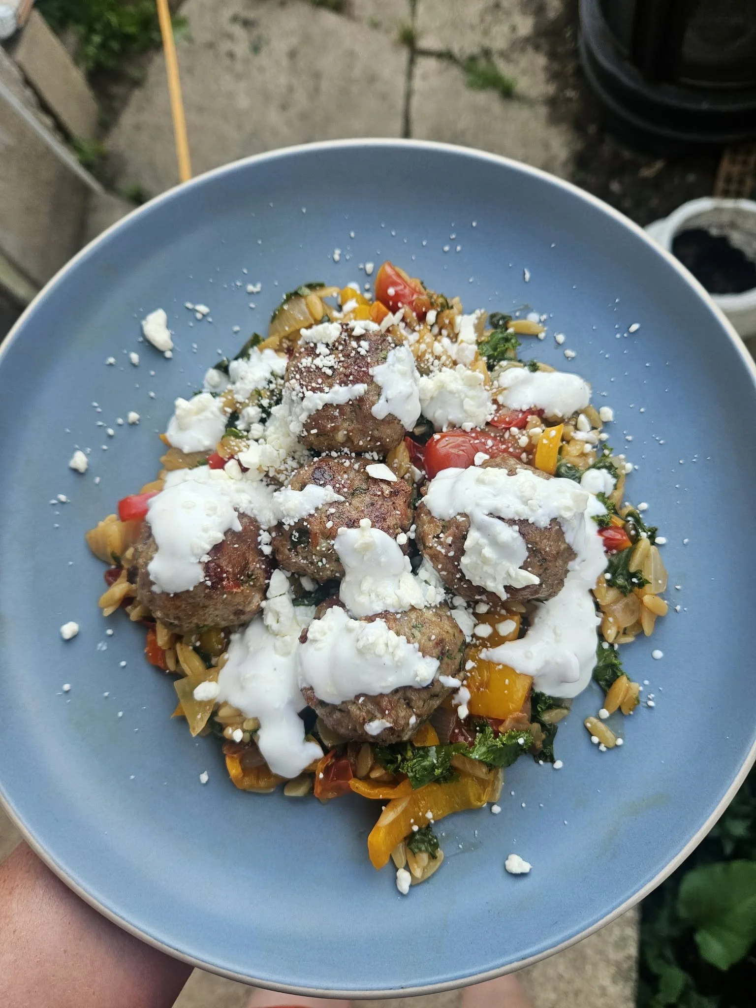 Herby Meatballs with Veggie Orzo Pilaf &amp; Garlic Sauce