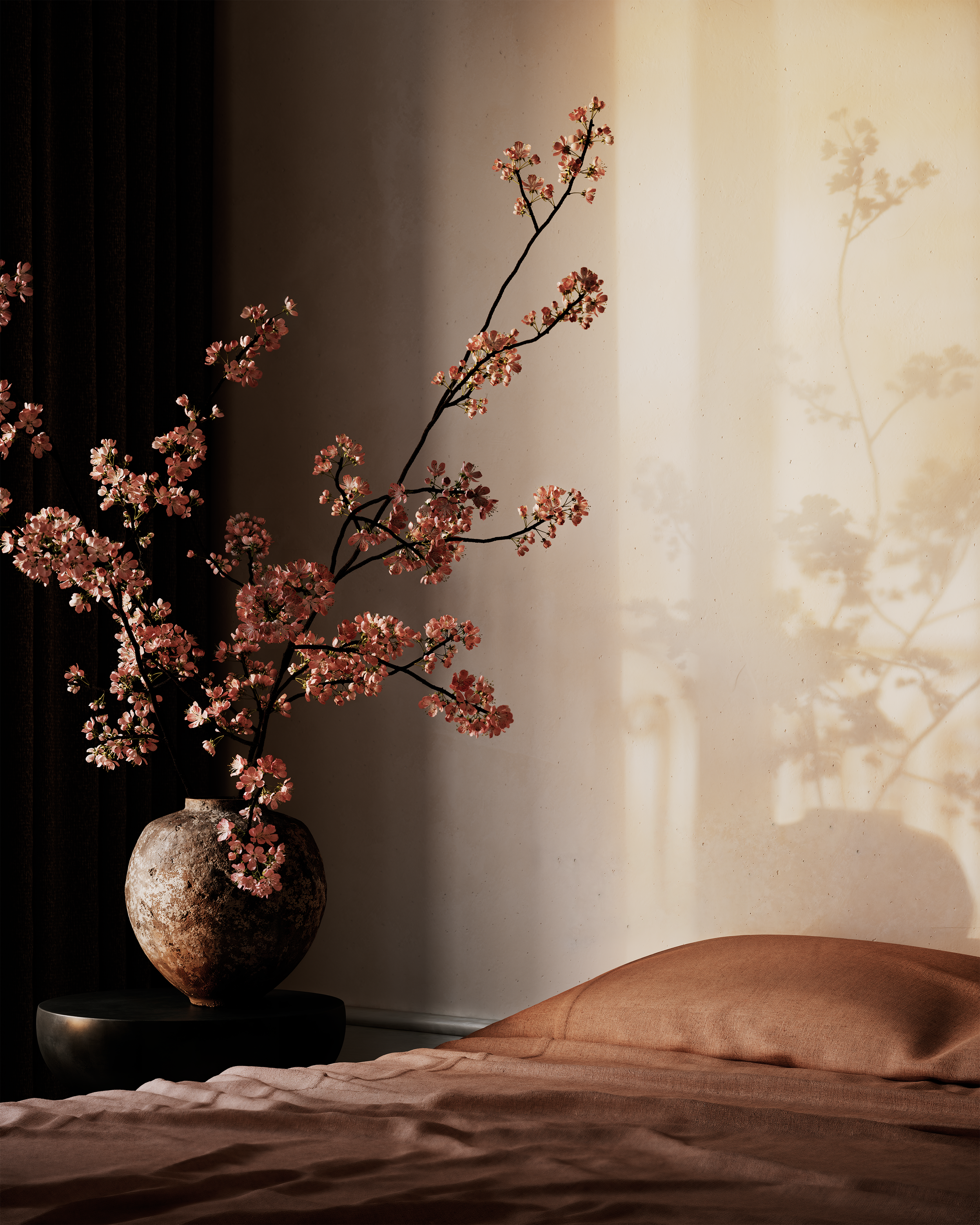 Architectural visualisation capturing the changing quality of light and texture within the private bedroom spaces of the renovation.