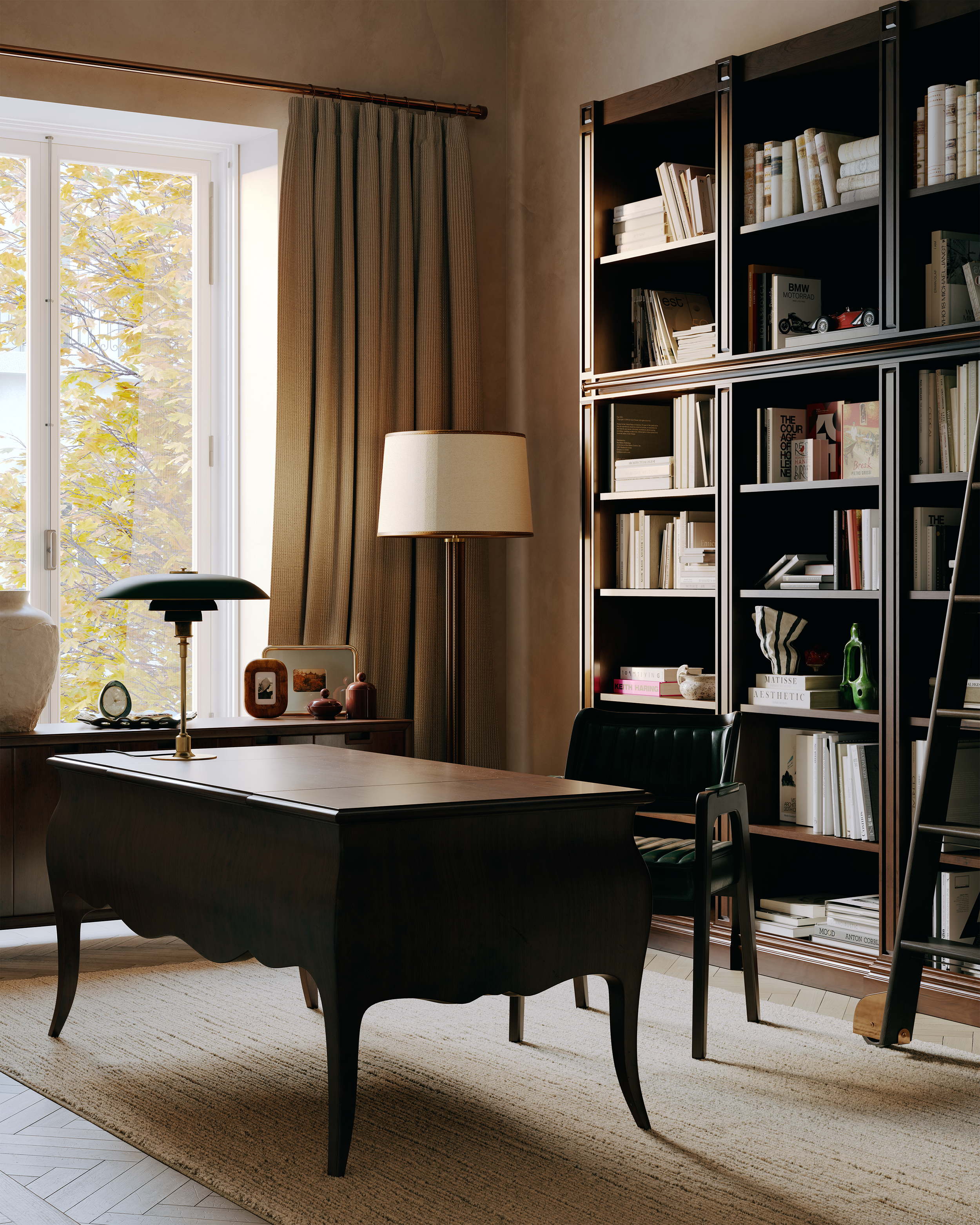 Interior visualisation of the study, exploring natural light, bespoke furnishings and the calm atmosphere of a highly crafted workspace.
