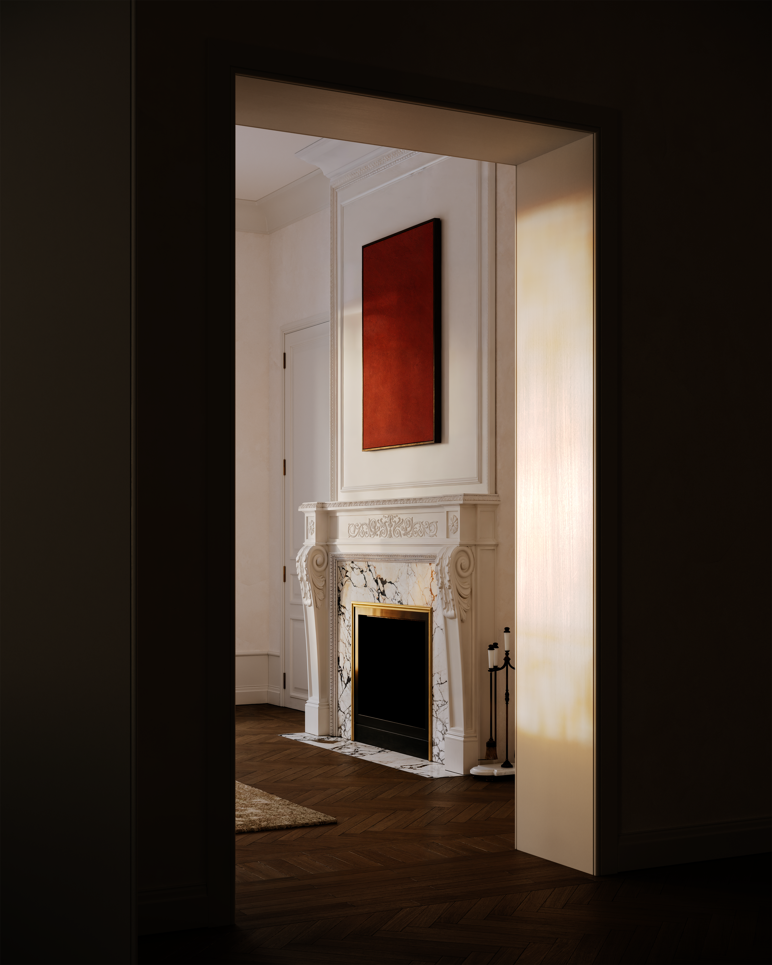Detail study of the living space, focusing on atmosphere, shadow and the relationship between restored heritage elements and contemporary occupation.