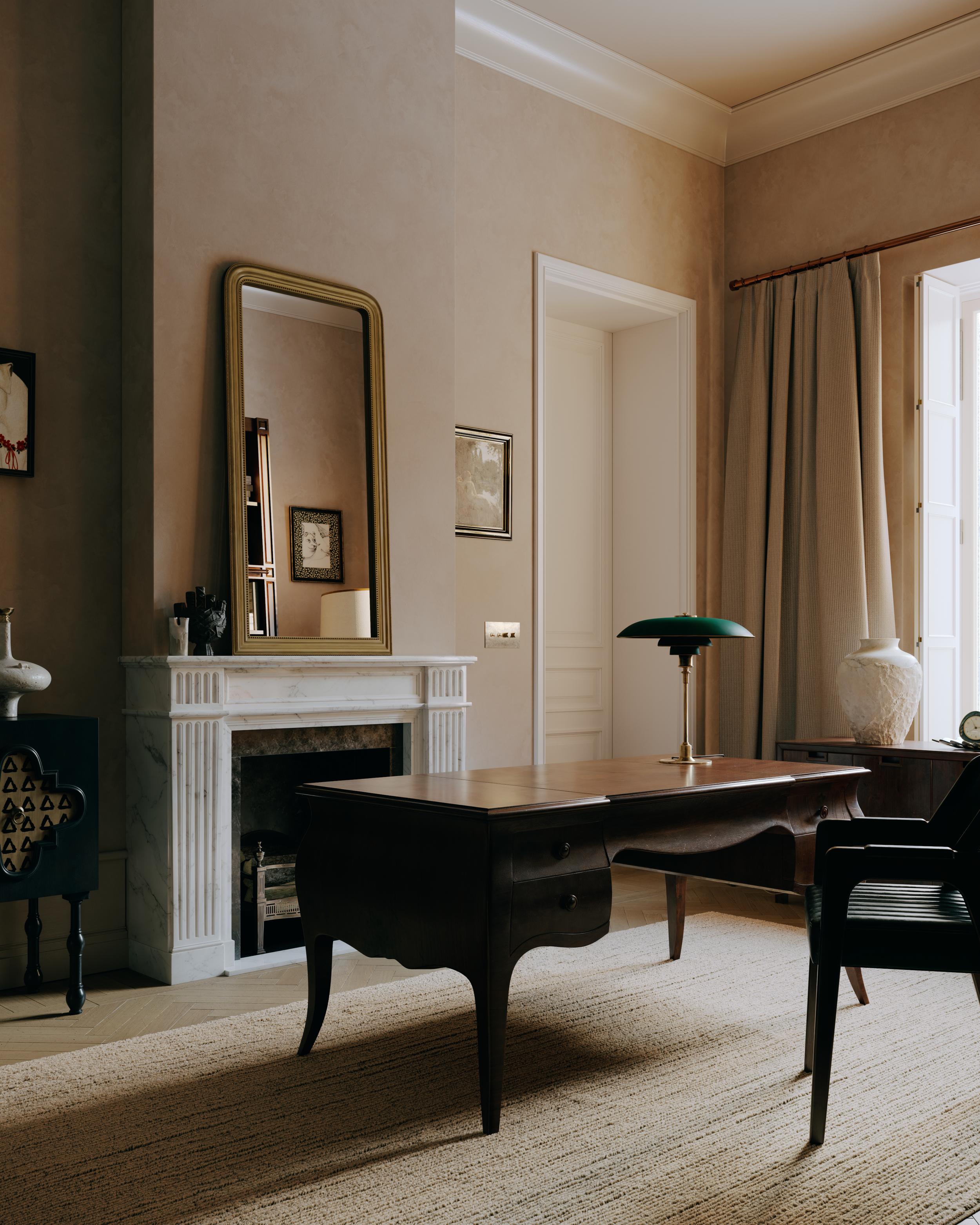 Architectural visualisation examining the relationship between furniture, light and materiality within the East Melbourne study.