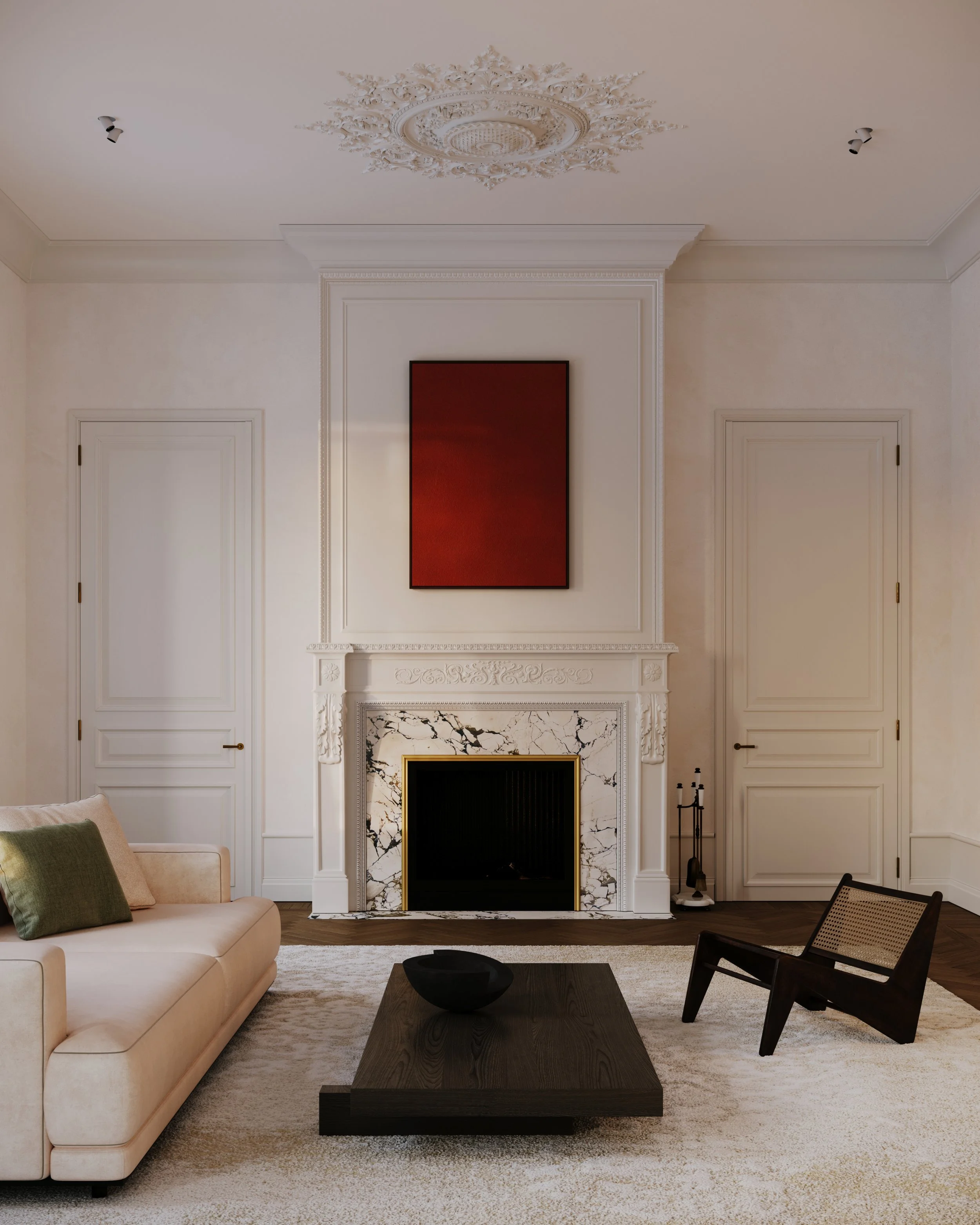 Interior architectural visualisation centred on the restored fireplace, highlighting natural light, texture and the character of the existing heritage fabric.