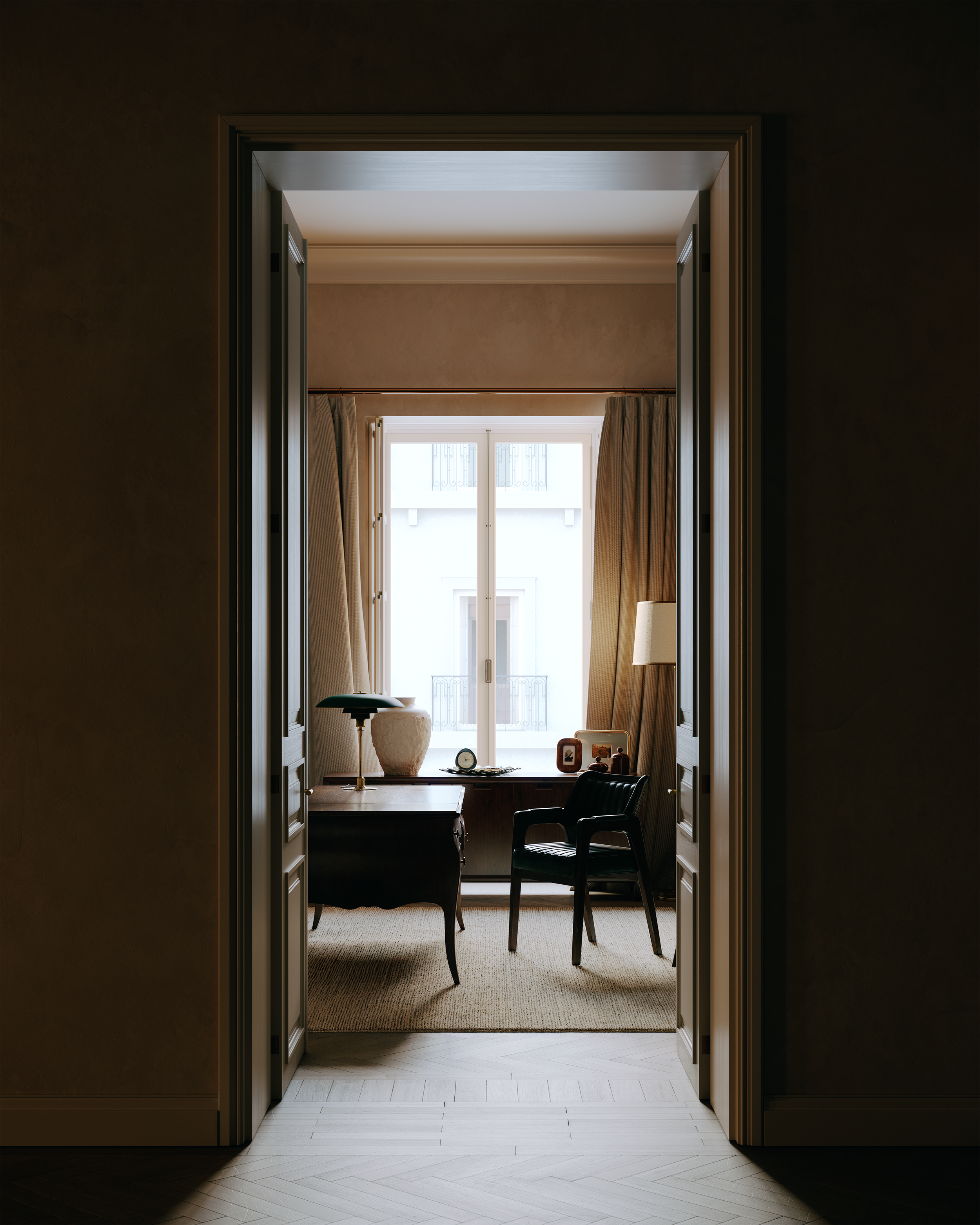 Architectural visualisation of the study viewed through a series of connecting rooms, emphasising depth, proportion and spatial sequence.