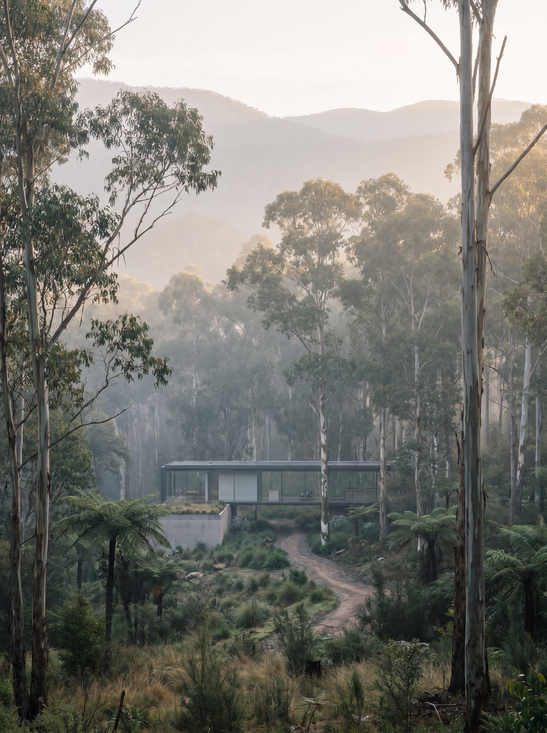 A modern house with glass walls situated in a lush, misty forest with tall eucalyptus trees and a dirt pathway leading to it.