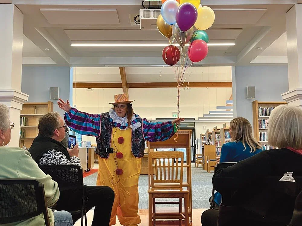“We need clowns to speak the truth, says Pacific Grove poet Barbara Mossberg.”